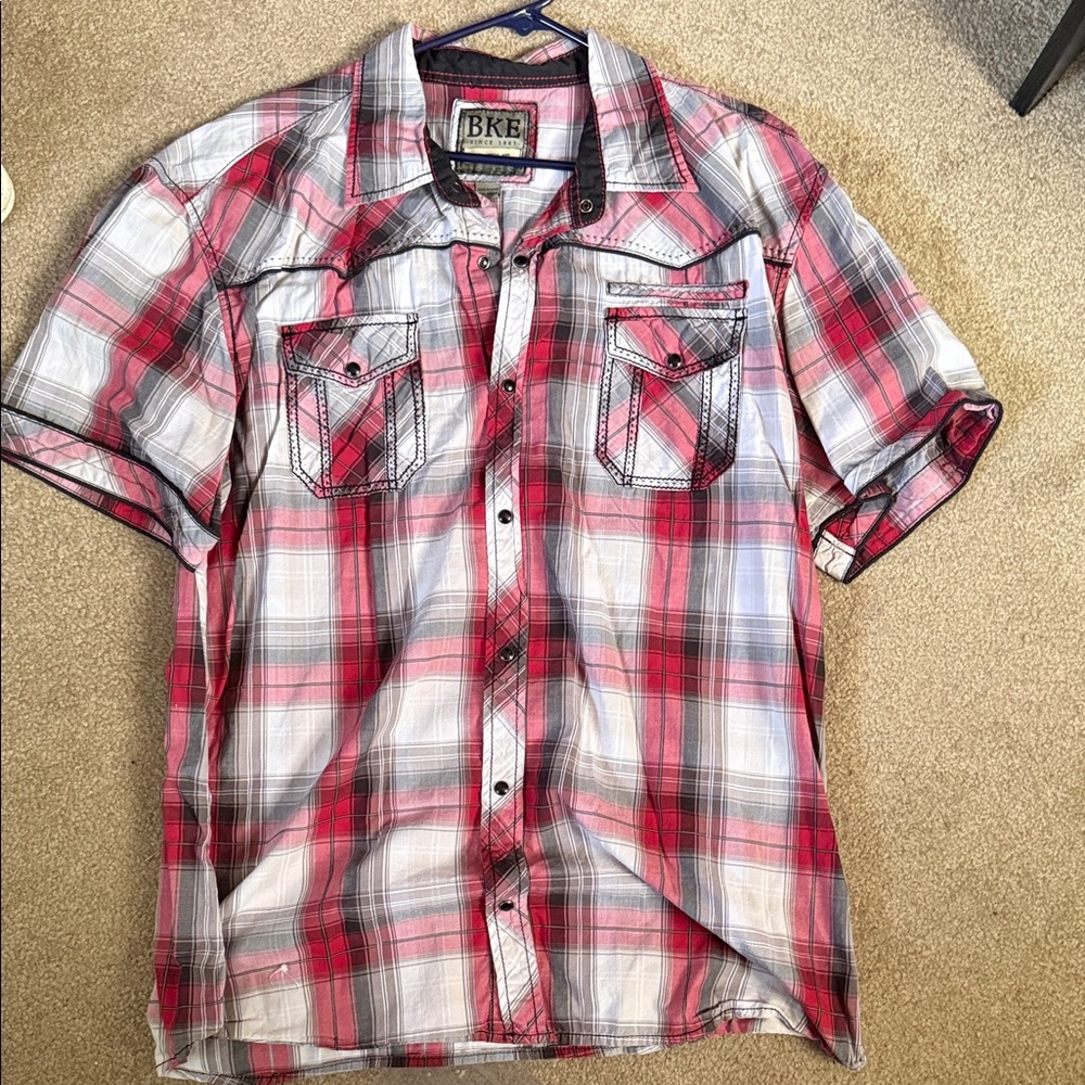 BKE Men's Red and White Plaid Casual Shirt